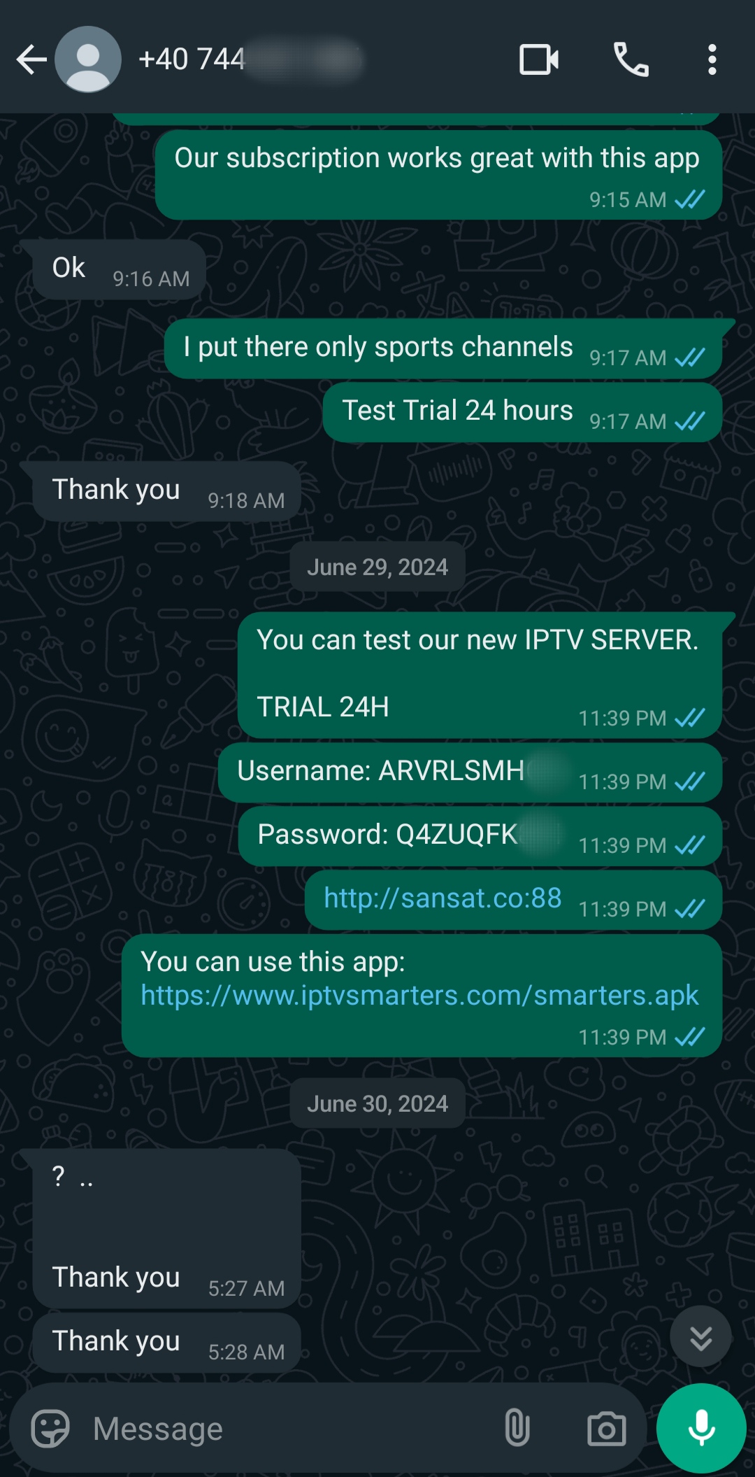 A WhatsApp chat screenshot showing a conversation about IPTV Suisse server trial details, including username, password, and app download links, with exchanged Thank you messages.
