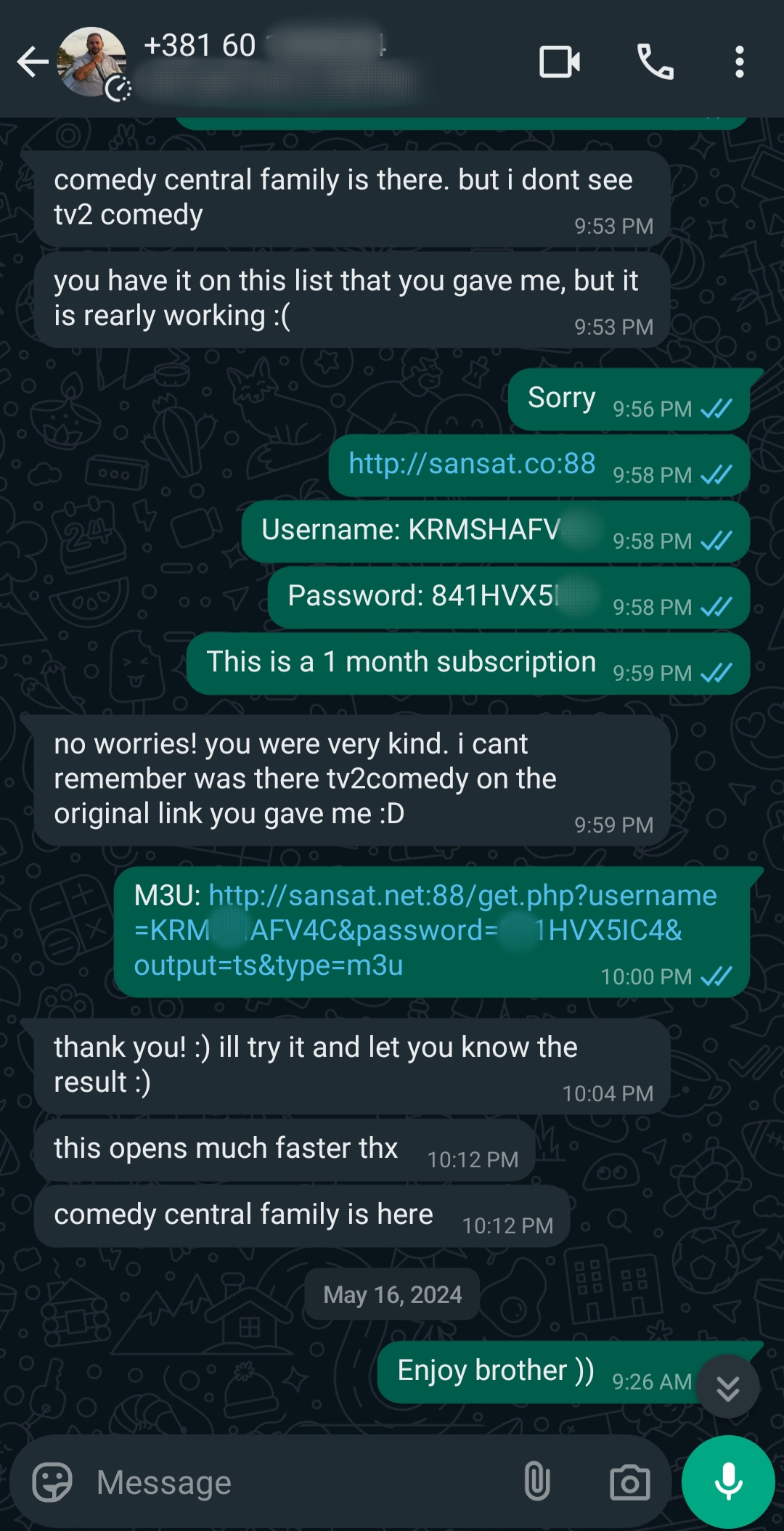 A WhatsApp chat shows messages discussing usernames, passwords, and links for accessing TV channels, including TV2 comedy and IPTV Suisse. The last message reads, Enjoy brother :)).