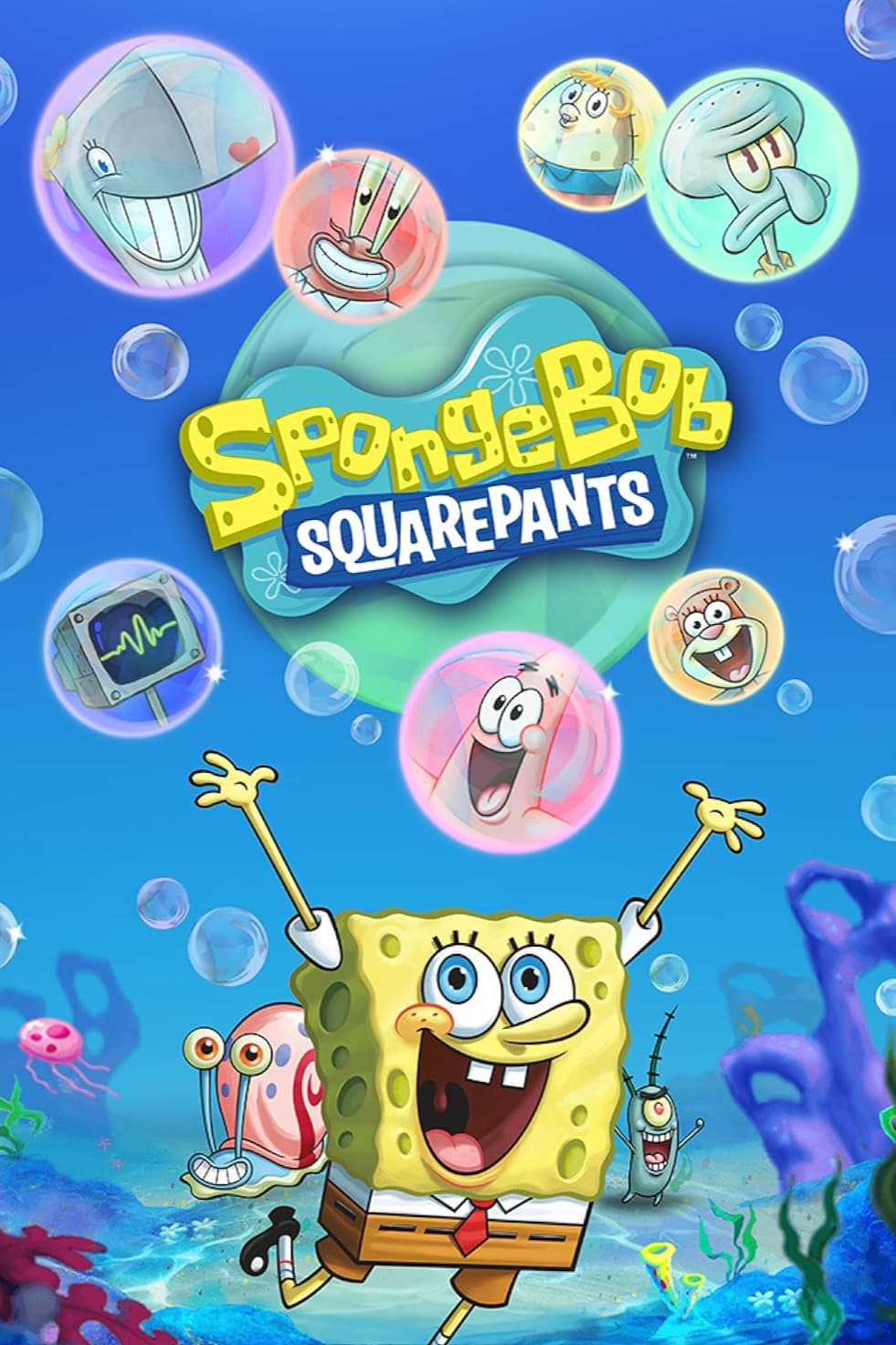 SpongeBob jumps joyfully underwater, surrounded by bubbles featuring characters like Patrick, Squidward, Mr. Krabs, Sandy, Gary, and others. The SpongeBob SquarePants logo is in the center, bringing vibrant energy to your favorite moments—now ready to stream anytime with IPTV Suisse.