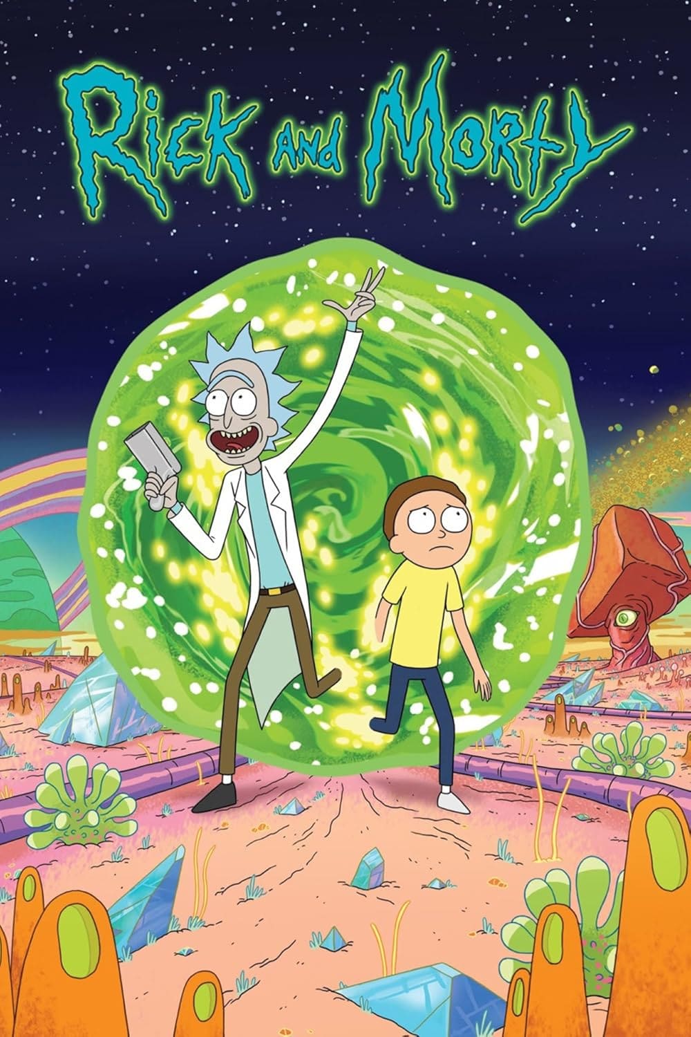 Animated scientist and a boy stand in front of a glowing green portal in an alien landscape, with colorful plants and crystals, under a starry sky. The words Rick and Morty are written at the top in neon green text, capturing the surreal adventure vibe—perfect for any IPTV Suisse fan eager to dive into interdimensional escapades.