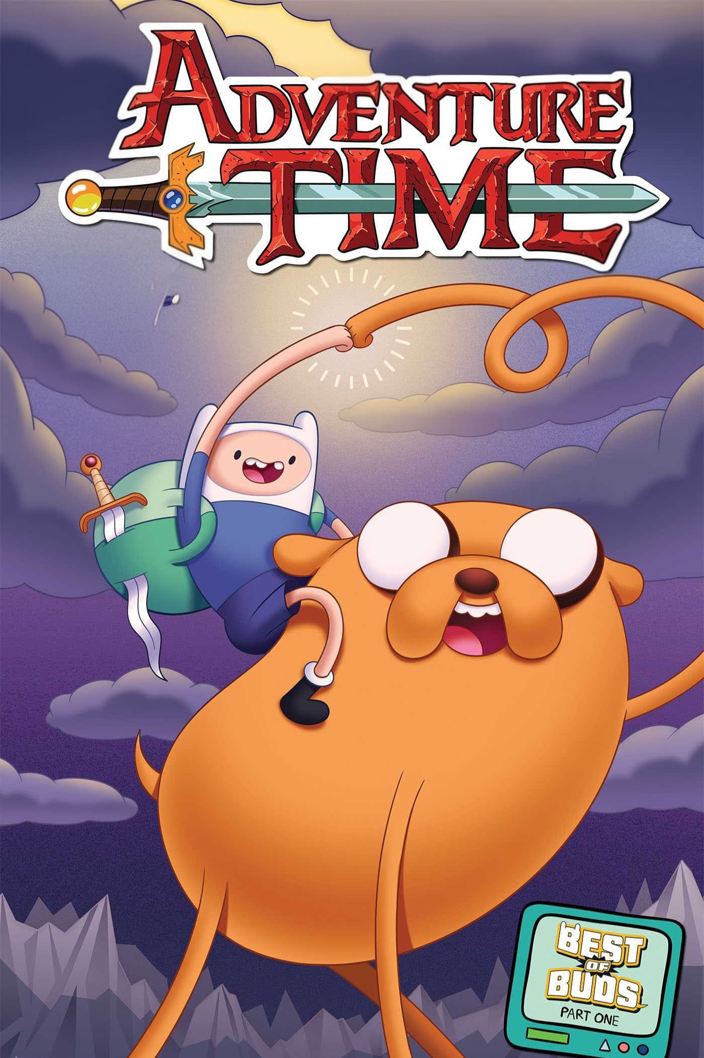 Finn with a green backpack and sword rides Jake, a large orange dog, through a purple mountainous landscape under a cloudy sky. The Adventure Time logo is at the top, and Best Buds Part One is at the bottom right—perfect for fans enjoying epic episodes on IPTV Suisse.