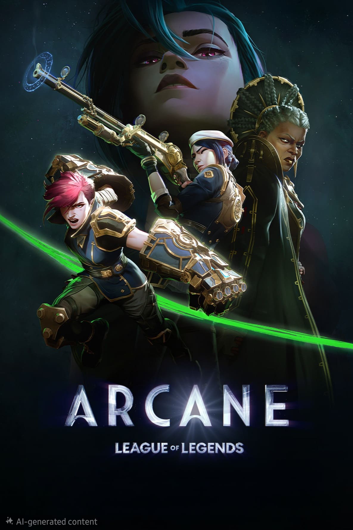 Poster for Arcane: League of Legends featuring three main characters in dynamic poses, with a large face looming above them and the series title at the bottom—perfect for showcasing on your IPTV Suisse platform.