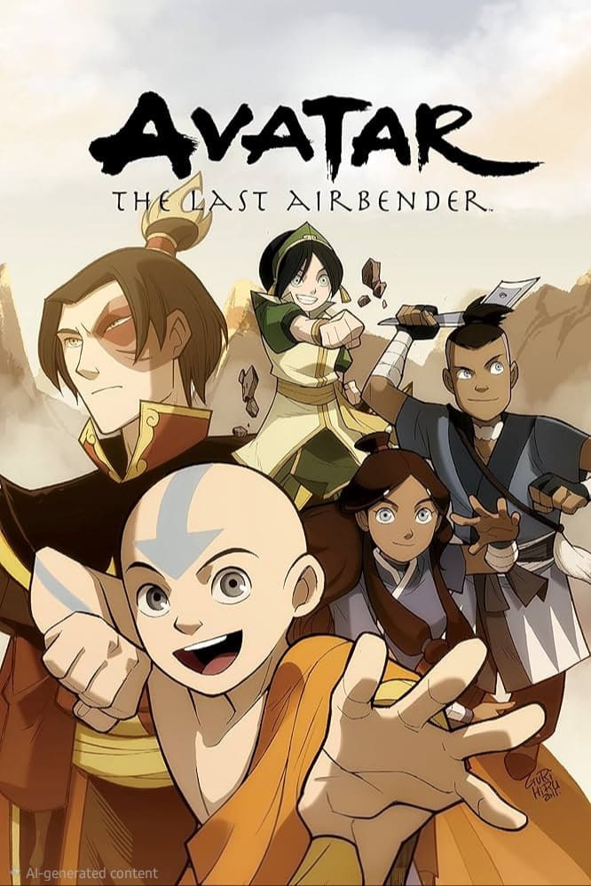 Five animated characters from Avatar: The Last Airbender pose together, with Aang reaching forward, Katara and Sokka behind him, and Zuko and Toph in the background. The show’s title and IPTV Latino appear at the top.
