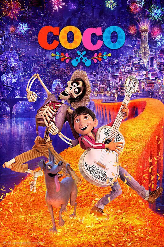 Poster for the movie Coco shows a boy with a guitar, a skeleton in a hat, and a dog on a glowing path of marigold petals, with a vibrant city and fireworks in the background. The title COCO appears at the top—a striking scene that’s as enchanting as watching Coco via IPTV Suisse, bringing all the color and magic to your screen.