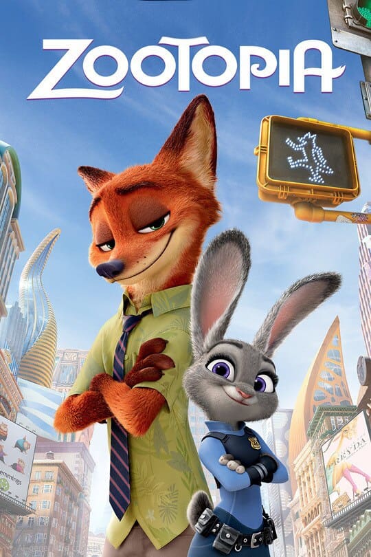 Poster for the movie Zootopia featuring a fox in a green shirt and tie standing next to a smiling bunny in a police uniform, set in a city with animal-themed buildings—perfect for fans streaming on IPTV Suisse.