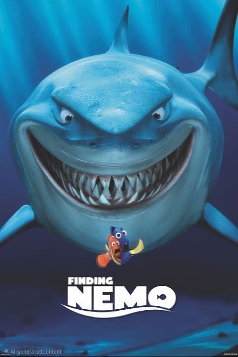 A large blue shark grins widely behind two scared animated fish, one orange and one blue, with the text FINDING NEMO below them on a blue underwater background, bringing the magic of IPTV Suisse to your favorite animated adventure.