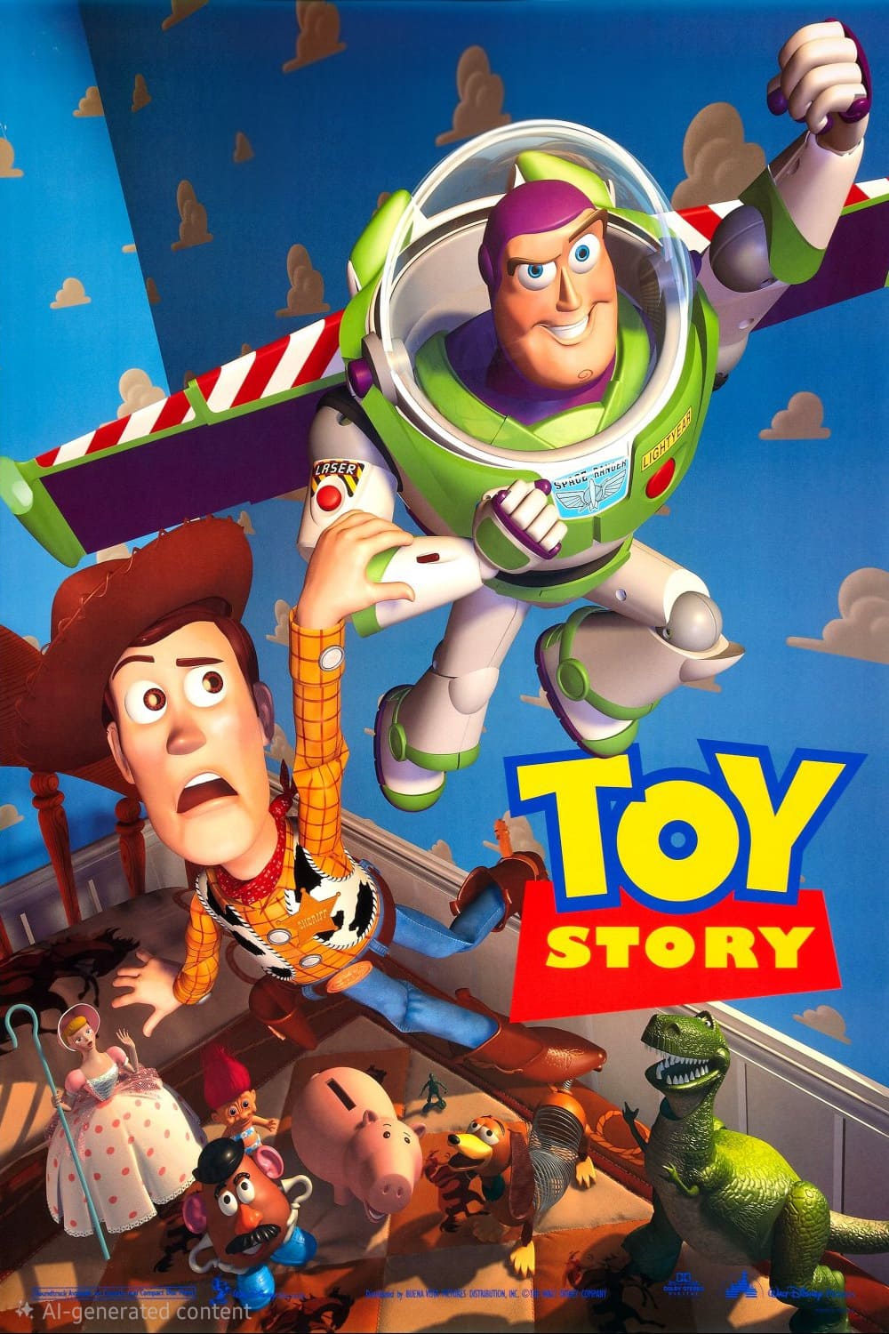 Buzz Lightyear and Woody fly above a group of toys in a child’s room, with the Toy Story logo in bold yellow and blue letters at the bottom right—perfect for fans streaming classic adventures via IPTV Suisse.