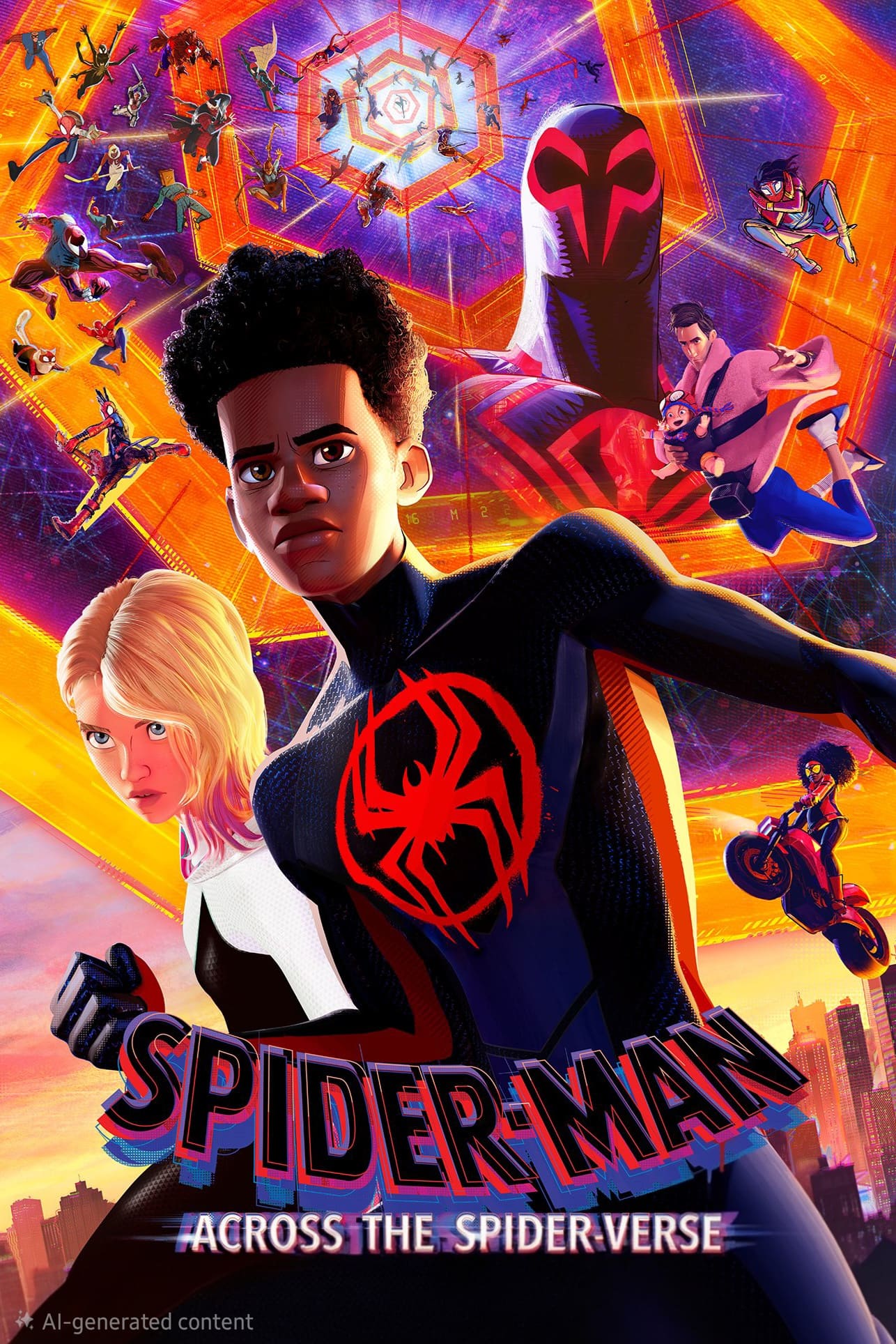 Poster for Spider-Man: Across the Spider-Verse showing multiple Spider-People, including Miles Morales and Gwen Stacy, with vivid, abstract portals in the background and the movie title at the bottom—perfect for fans looking to stream via IPTV Suisse.