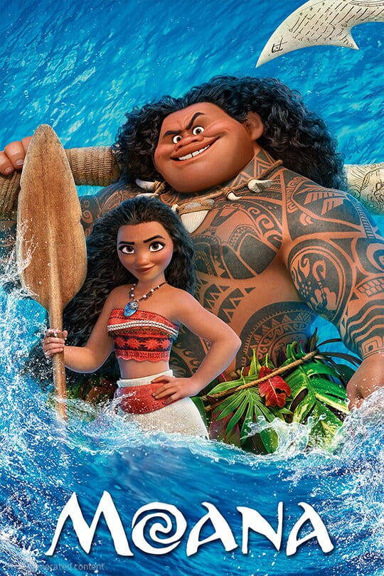 Moana and Maui stand side by side in the ocean, with Moana holding an oar and Maui smiling, showcasing his tattoos. The movie title Moana appears at the bottom, making this a perfect scene for fans enjoying movies on IPTV Suisse.
