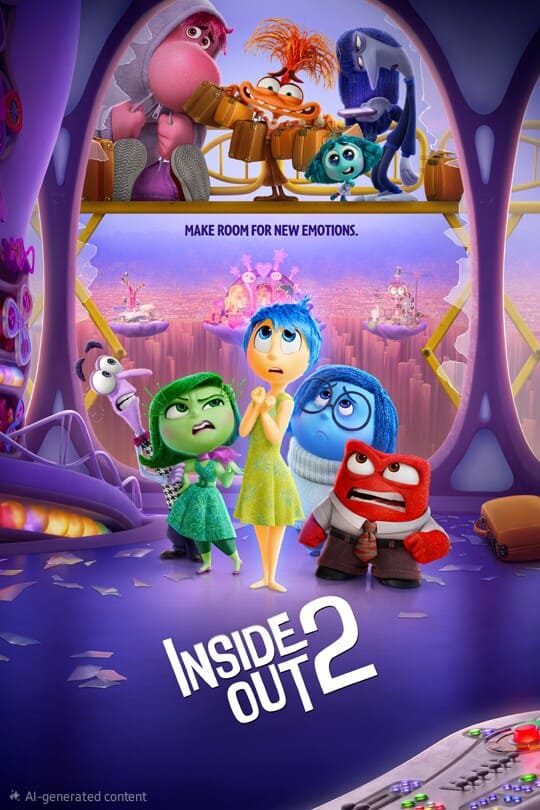 Five animated emotions stand together, looking surprised or concerned, with three new emotions watching from above. The text reads Inside Out 2 and Make room for new emotions. The background features a colorful, futuristic room—perfect for fans streaming the adventure on IPTV Suisse.