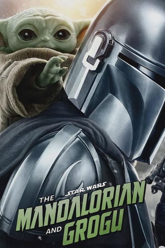 The Mandalorian in armor stands with Grogu (Baby Yoda) on his back. The text reads: The Mandalorian and Grogu with the Star Wars logo above, capturing a scene that fans can enjoy through IPTV Suisse.