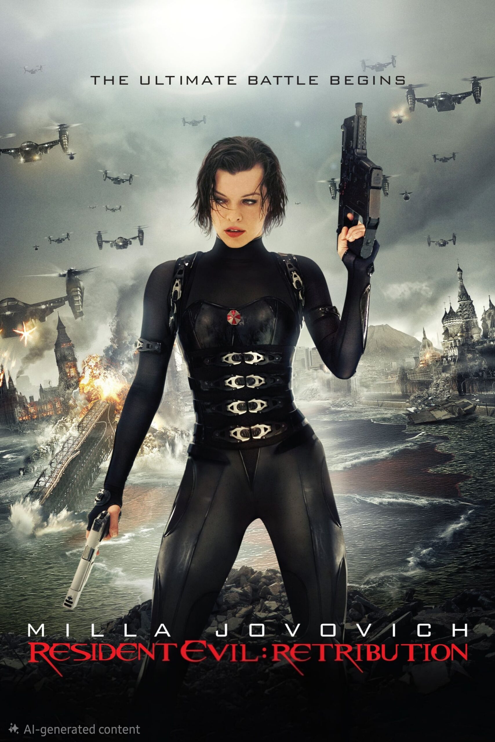 A woman in black combat gear holds guns, standing in a war-torn city with explosions, flying aircraft, and chaos in the background. The title Resident Evil: Retribution and the actress’s name appear at the bottom, offering an action-packed spectacle perfect for viewers tuning in via IPTV Suisse.