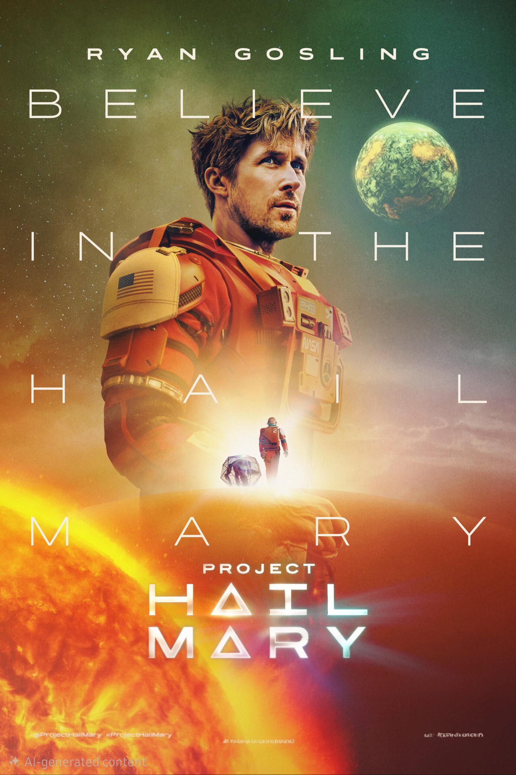Movie poster for Project Hail Mary showing a man in a spacesuit, Earth, and a spaceship near the sun. Text reads: Ryan Gosling, Believe in the Hail Mary, Project Hail Mary. Stream this epic space adventure with IPTV Suisse for an out-of-this-world viewing experience.
