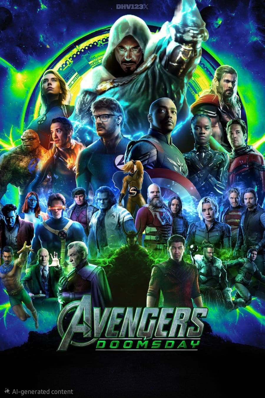 A vibrant fan-made Avengers: Doomsday poster featuring various Marvel superheroes and villains against a cosmic background, with the Avengers Doomsday title at the bottom—perfect for any IPTV Suisse enthusiast looking to showcase their love for Marvel in style.