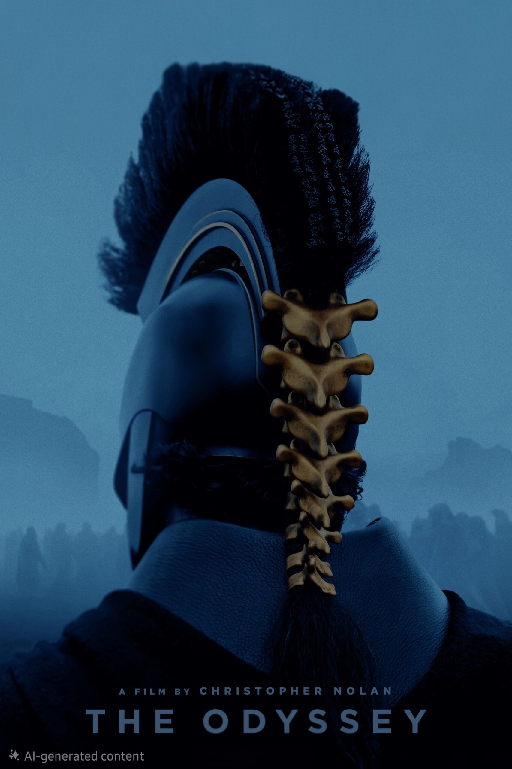 A person in a dark helmet with a mohawk stands facing away; a spine-like structure is attached to the helmet. The background is misty with shadowy figures, evoking the enigmatic allure of an IPTV Suisse broadcast. Text reads: A film by Christopher Nolan: THE ODYSSEY.