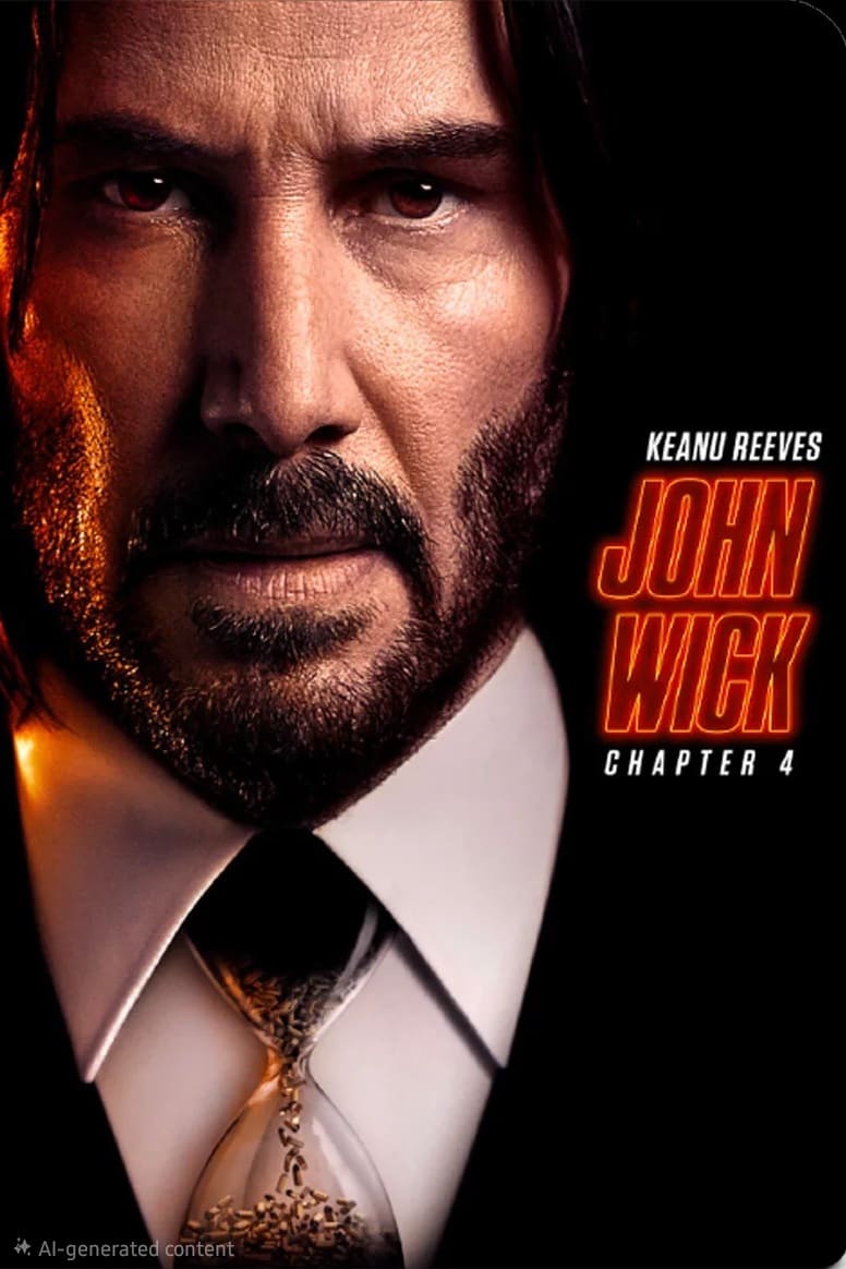 Close-up of a man with long hair, beard, and serious expression wearing a suit and tie, with the text Keanu Reeves John Wick Chapter 4 in bold red letters on a dark background—perfect for fans streaming the latest action with IPTV Suisse.