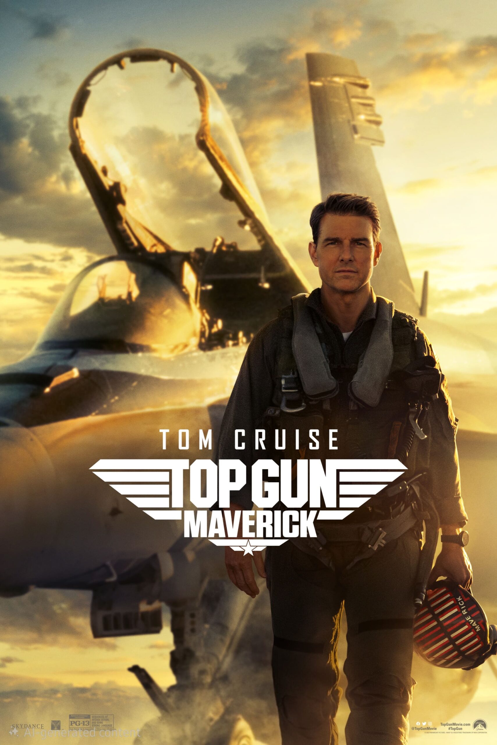 A pilot in a flight suit stands confidently in front of a fighter jet at sunset, holding a helmet. The text reads, Tom Cruise Top Gun Maverick—experience the thrill like never before with IPTV Suisse.