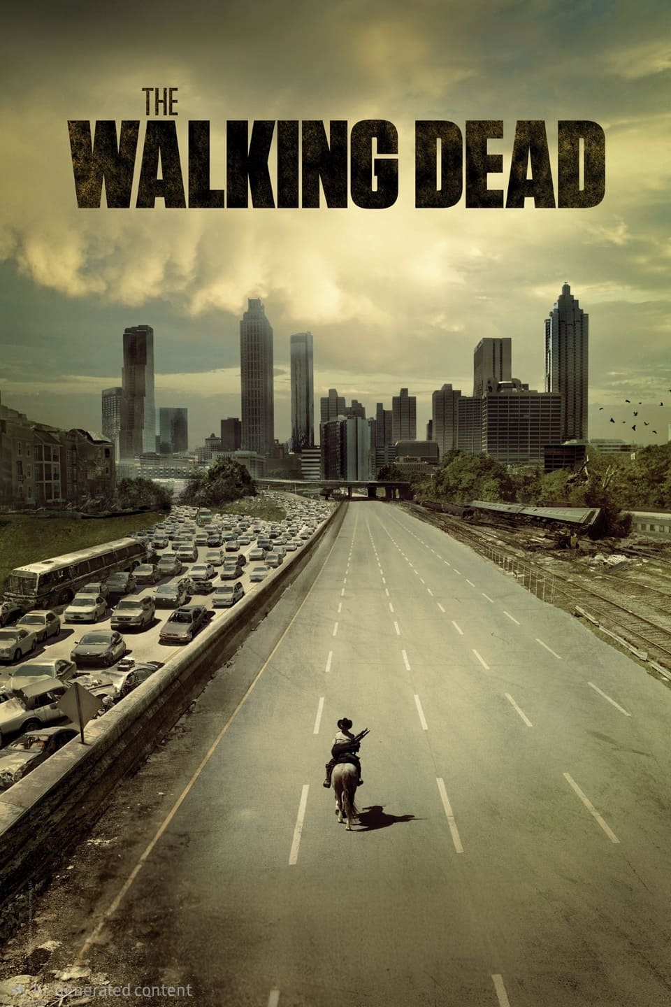 A lone rider on horseback travels down an empty highway toward a city skyline, with abandoned cars on one side. Above the haunting scene, The Walking Dead is written in large letters in the sky, while a subtle IPTV Suisse advertisement flickers on a distant billboard, hinting at how people once stayed connected in a world now emptied of life.