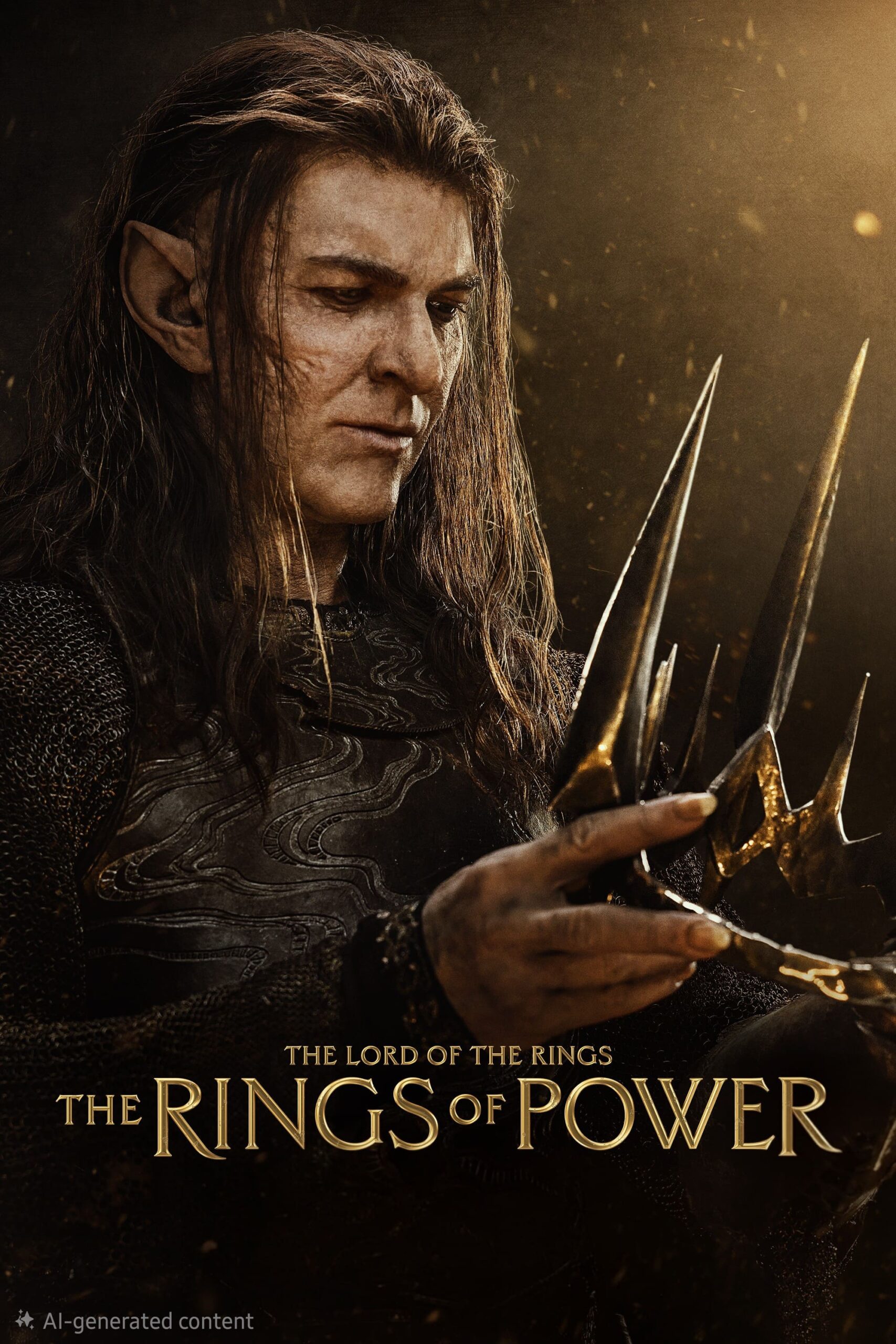 A fantasy character with long dark hair and pointed ears holds a spiky gold ring, their gaze intense beneath the mystical, golden hue. The text reads, The Lord of the Rings: The Rings of Power. Experience this epic saga through IPTV Suisse, bringing Middle-earth to your screen like never before.