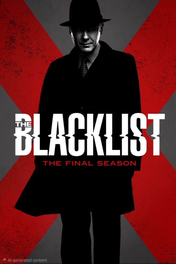 A mysterious man in a black coat and hat stands in front of a red X, hinting at secrets waiting to be revealed. Text reads: The Blacklist: The Final Season. The background is gray and dramatic—perfect for viewers streaming via IPTV Suisse.
