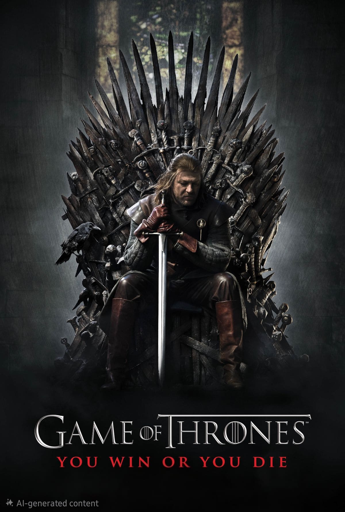 A man with long hair and armor sits on a throne made of swords, holding a large sword. The background is dark. Text reads: Game of Thrones – You win or you die. Stream every epic moment on IPTV Suisse.