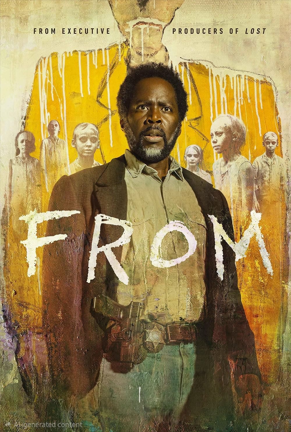 Poster for the TV show FROM featuring a serious man in front, with ghostly, eerie figures and a yellow-jacketed figure in the background. Dripping paint and bold white letters spell out FROM, bringing a chilling atmosphere reminiscent of late-night IPTV Suisse streaming experiences.