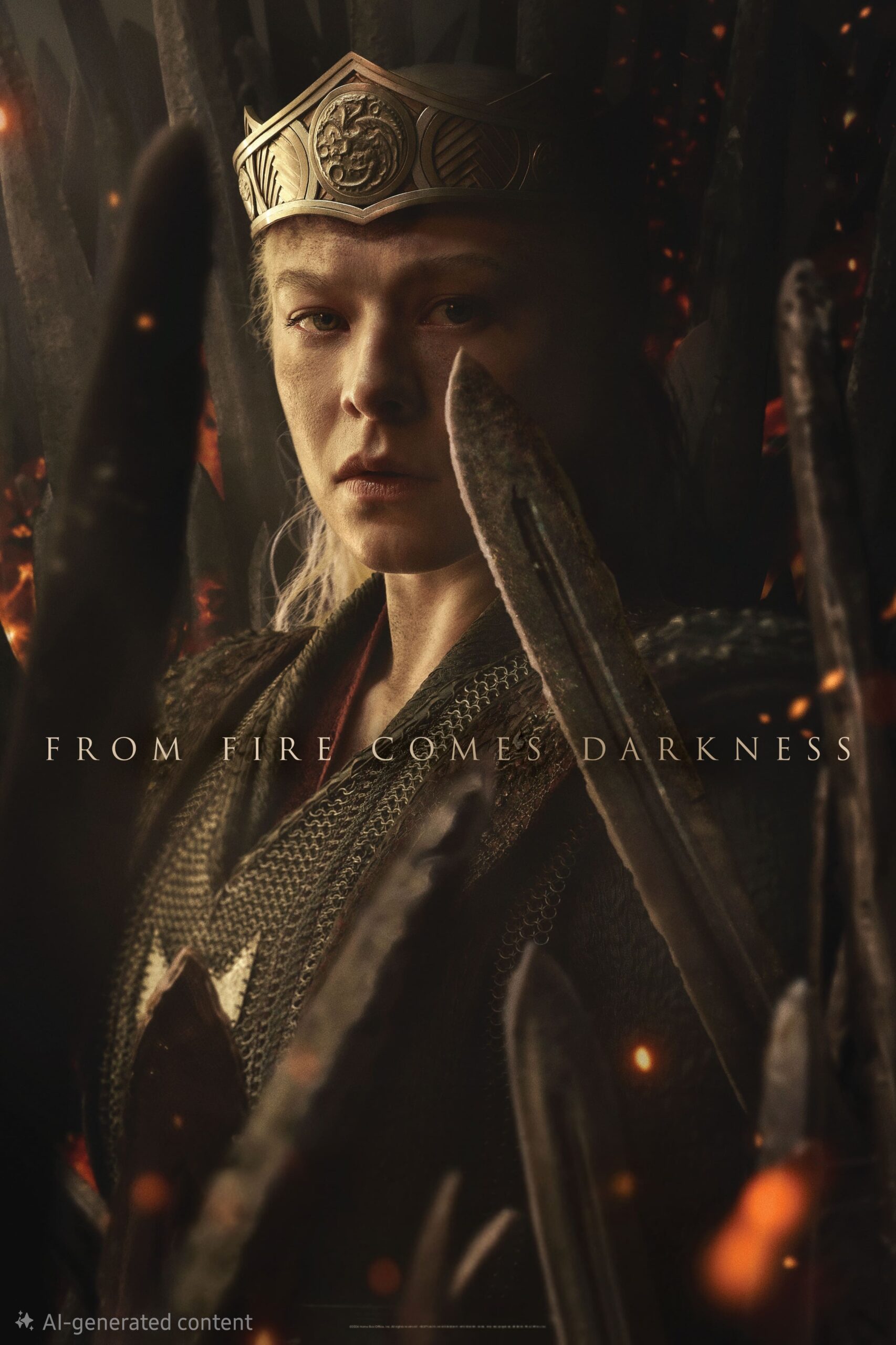 A serious woman wearing a crown sits on a dark, spiked throne with embers floating around. Text on the image reads, FROM FIRE COMES DARKNESS. The atmosphere is dramatic and intense, evoking the immersive power of IPTV Suisse.