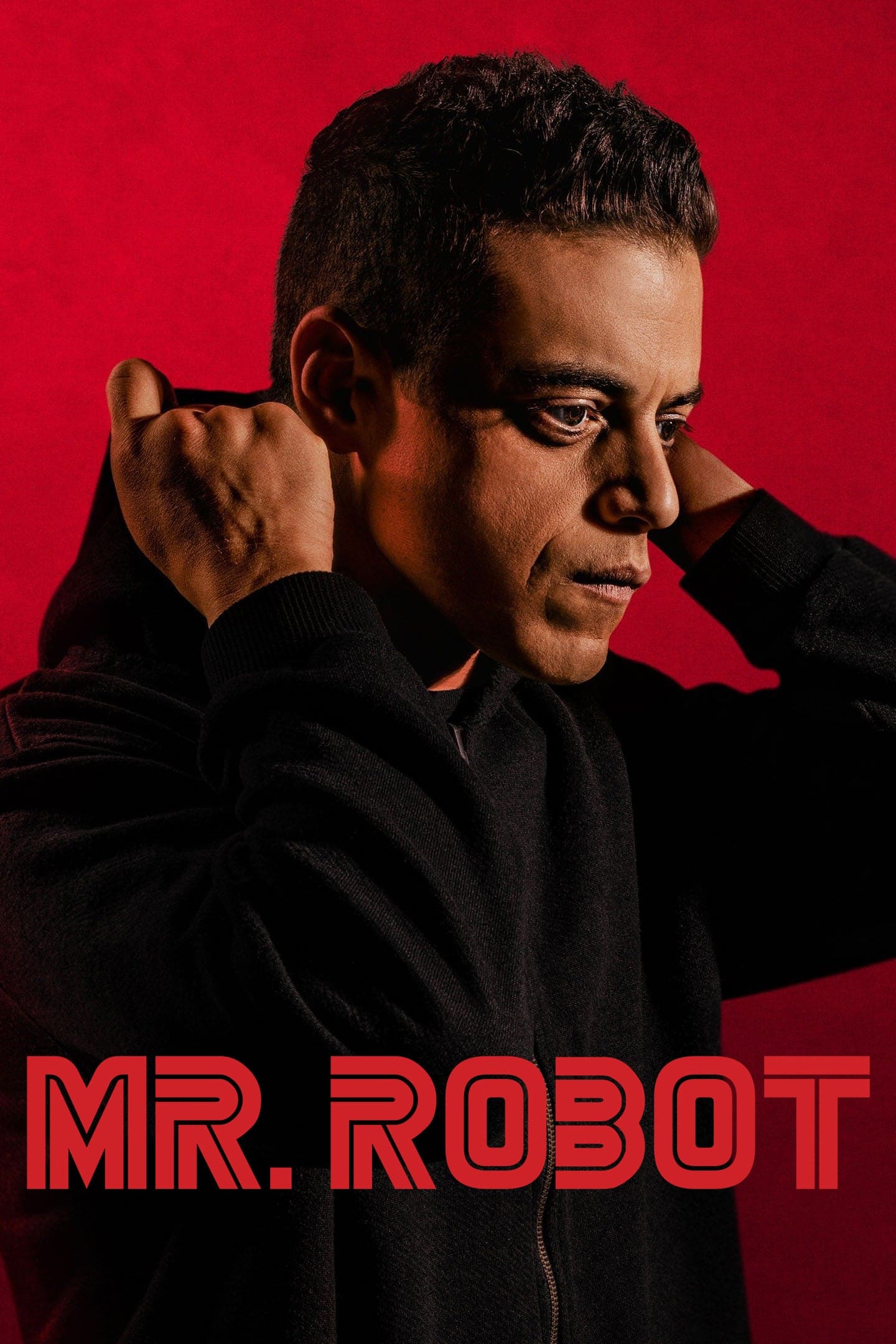 A man in a black hoodie stands against a red background, adjusting his hood. Large red text at the bottom reads MR. ROBOT, hinting at an IPTV Latino thriller vibe.