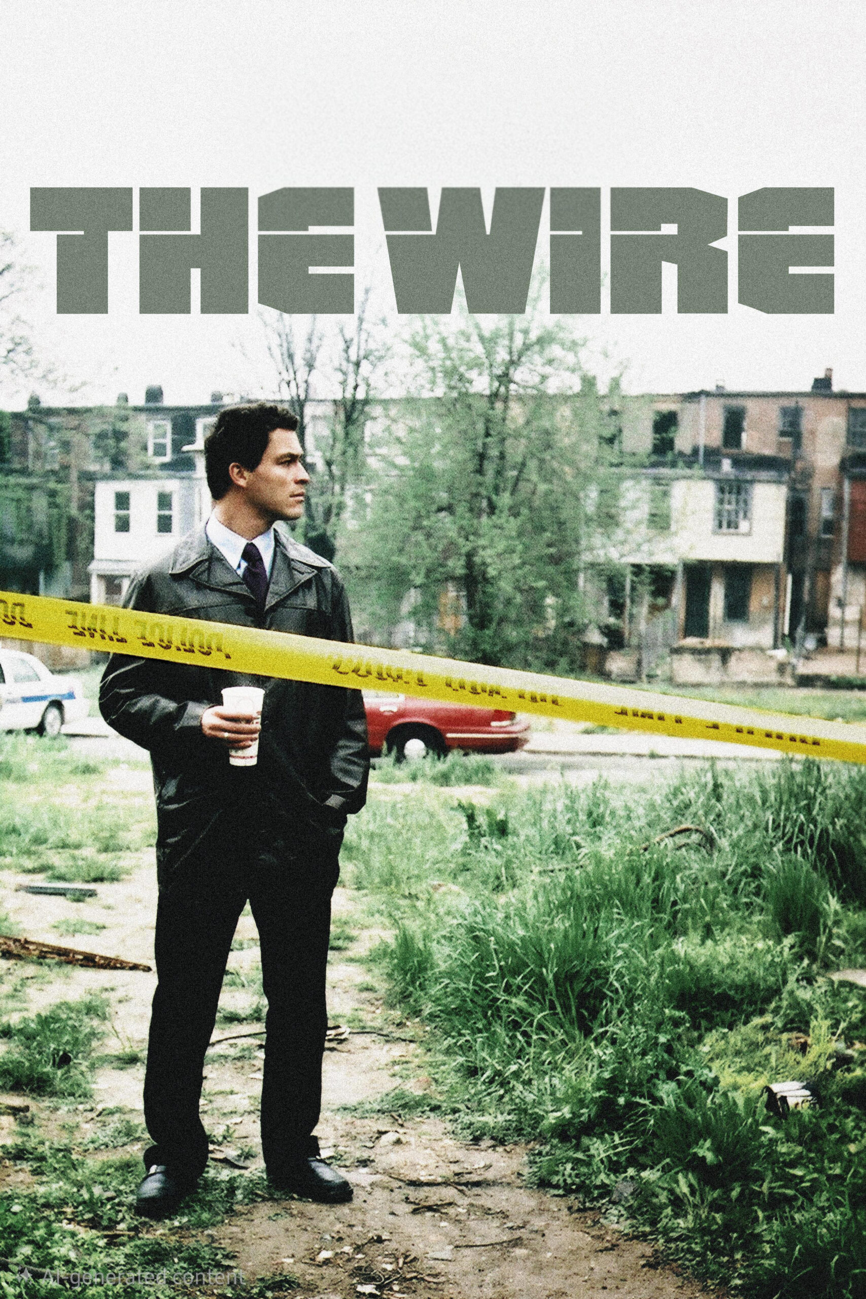 A man in a suit and dark coat stands holding a coffee cup behind yellow police tape in an overgrown vacant lot, with the title THE WIRE above him, row houses in the background, and an IPTV Latino logo subtly featured.