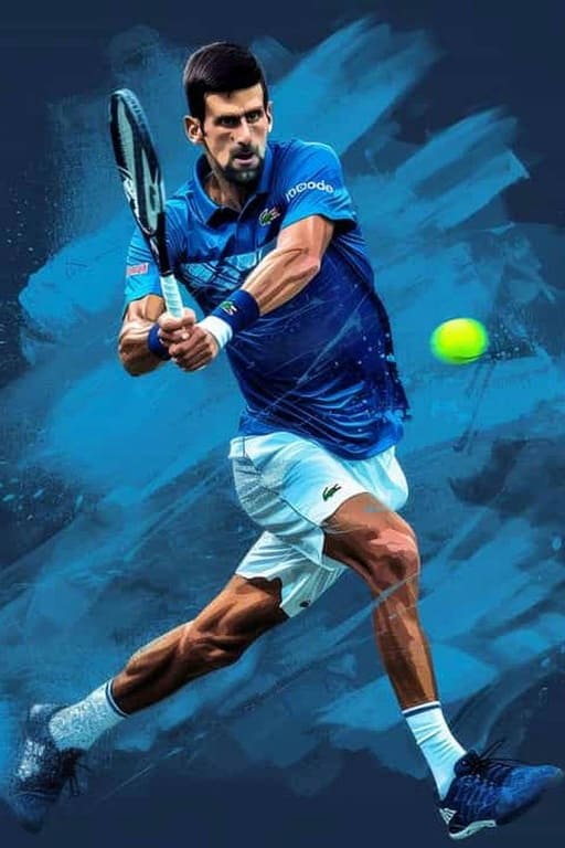 A male tennis player in a blue shirt and white shorts hits a backhand shot, focusing on the ball. The artistic blue background highlights his athletic pose and intensity—perfect action for sports fans streaming on IPTV Latino.