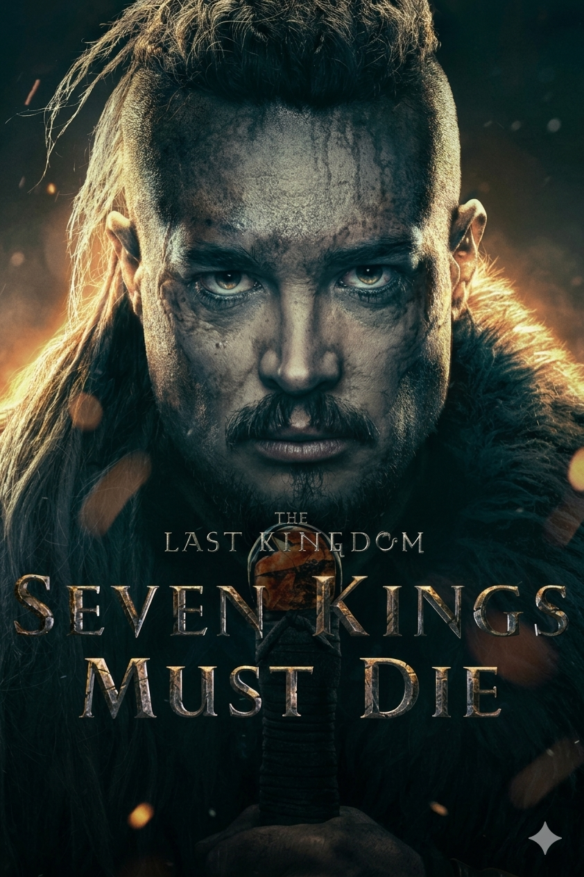 A fierce man with long hair and face paint stares ahead, wearing fur clothing. Text reads, The Last Kingdom: Seven Kings Must Die. The scene is dark and dramatic, reminiscent of epic tales you can experience with IPTV Suisse.