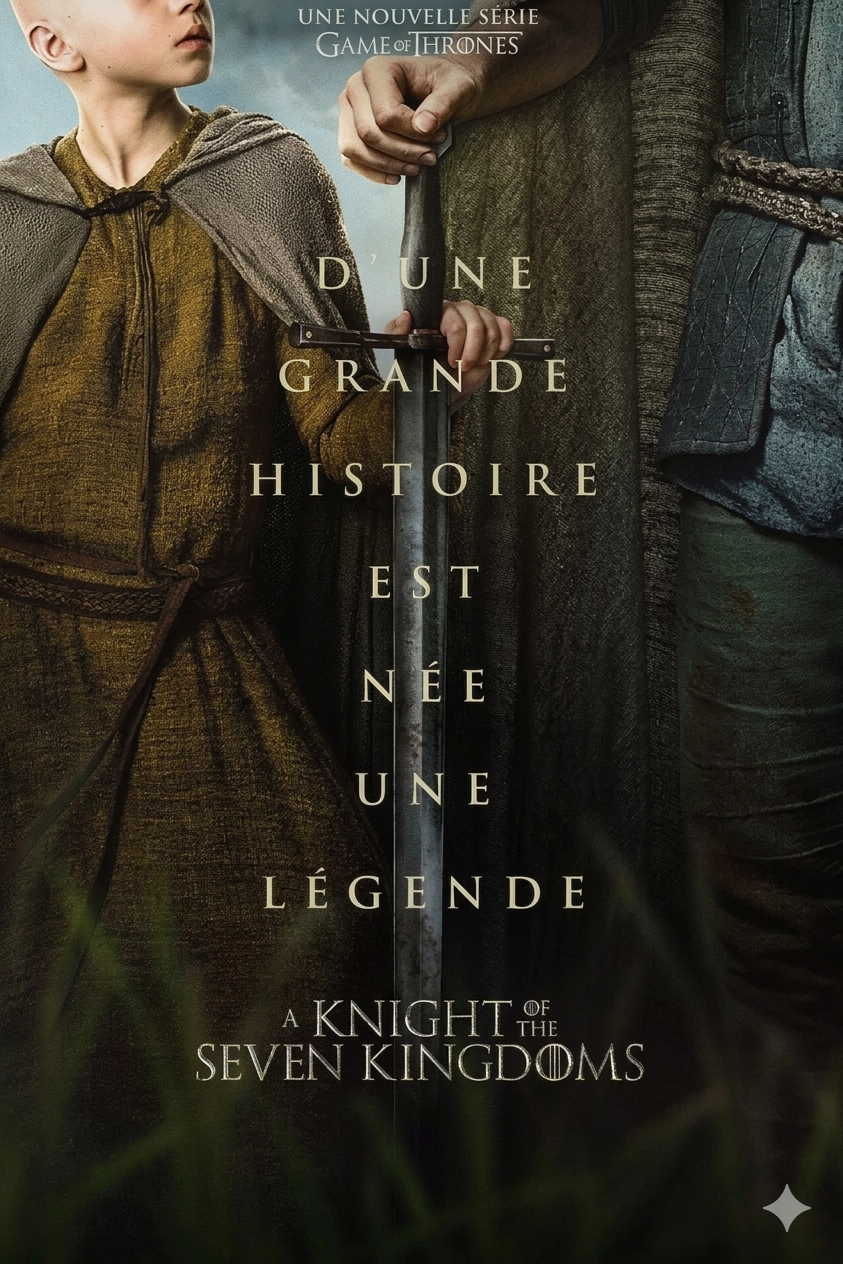 Poster for A Knight of the Seven Kingdoms showing a child holding a cloak and an armored adult holding a sword, with French text describing the birth of a legend. Experience this epic tale now on IPTV Suisse.