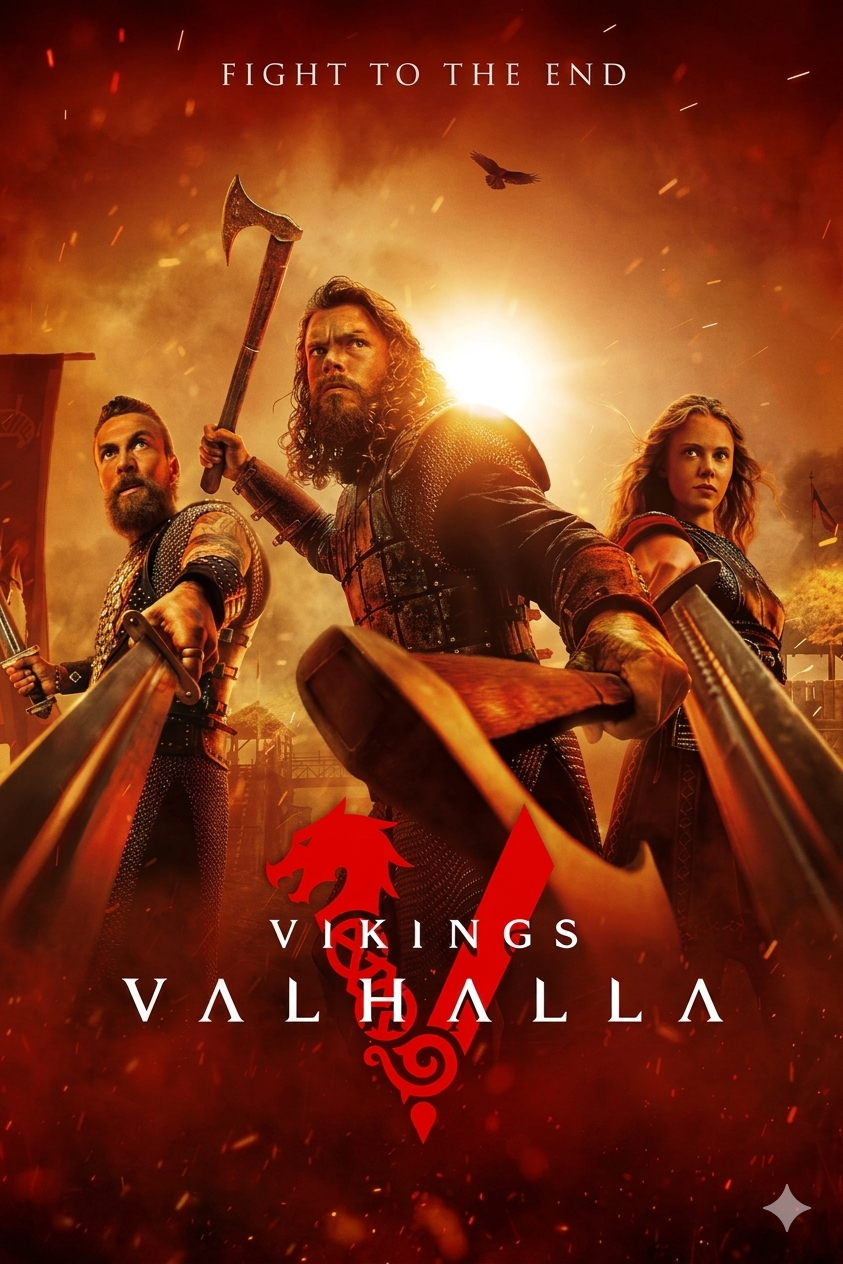Three armored warriors with weapons stand ready for battle in front of a burning background. The text Fight to the End appears above, with Vikings: Valhalla, a red dragon logo below, and an IPTV Suisse banner seamlessly integrated into the scene.