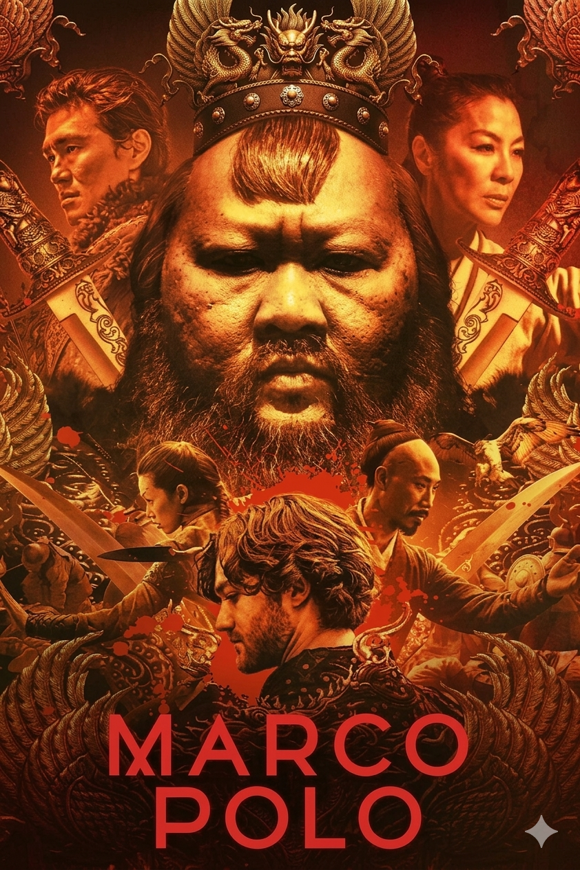 Poster for the series Marco Polo featuring a central figure wearing a crown, surrounded by other characters in dramatic poses, with a red and gold color scheme and MARCO POLO text at the bottom. Experience this epic adventure streaming now on IPTV Suisse.