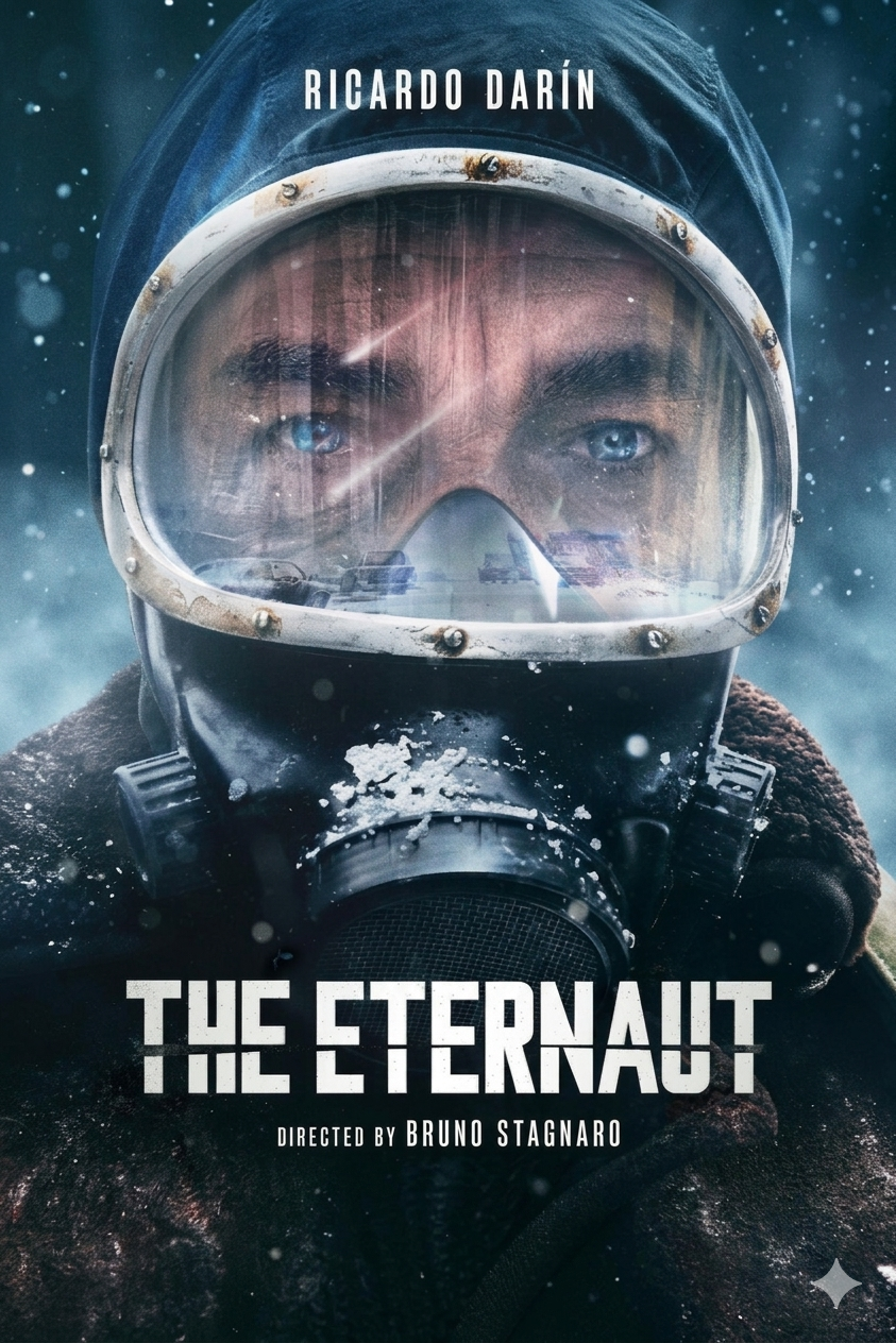 Close-up of a man in a winter coat and goggles, his face partly obscured by frost, with the title The Eternaut and Directed by Bruno Stagnaro displayed below—now streaming via IPTV Suisse.