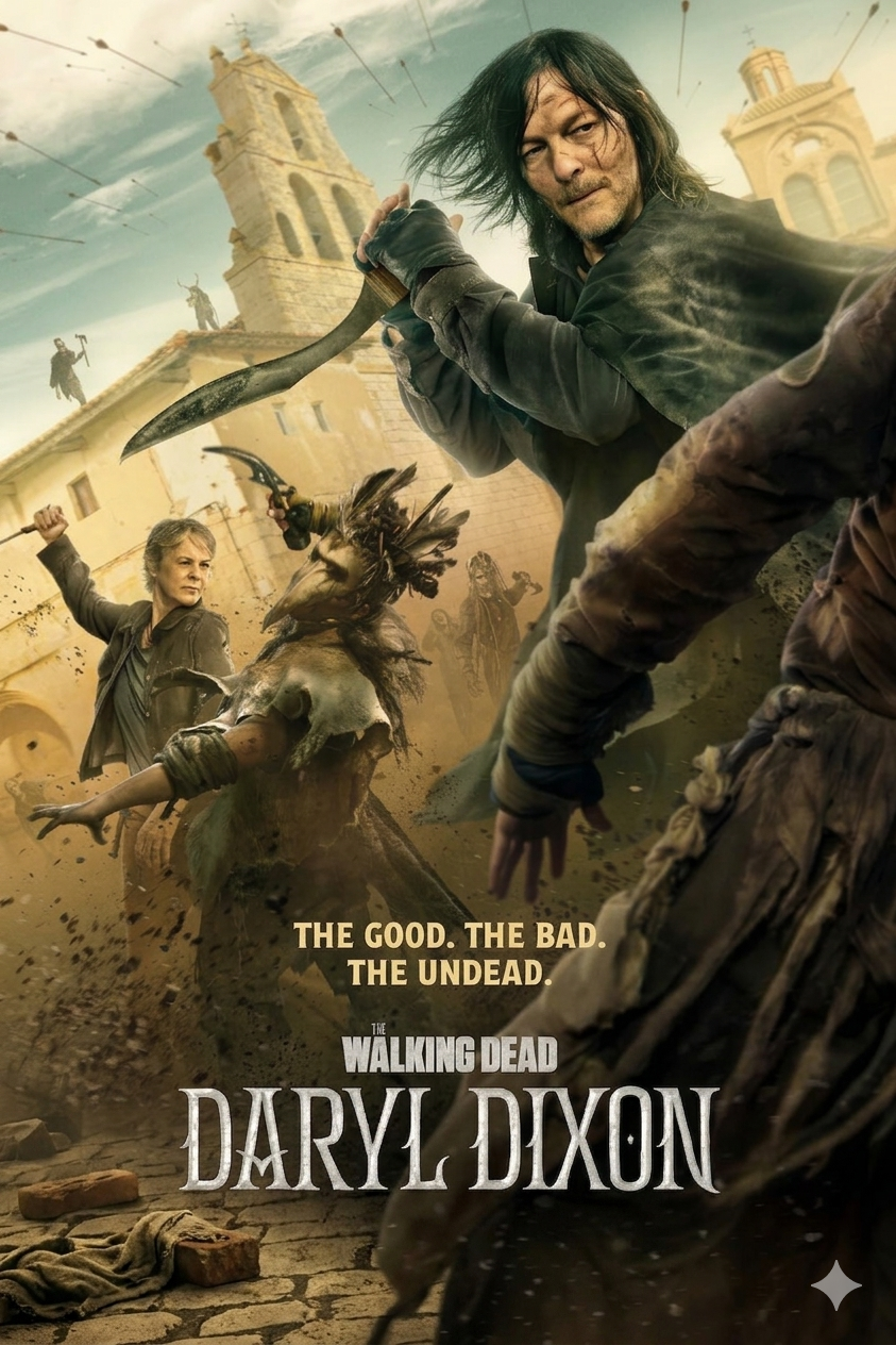 A man wielding a sword fights zombies in a crumbling town; another person battles nearby. Text reads: The good. The bad. The undead. Stream The Walking Dead: Daryl Dixon on IPTV Suisse.