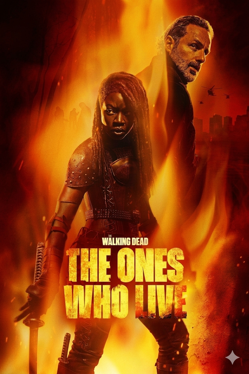 Two characters with serious expressions stand back-to-back amid flames, holding weapons. The title The Walking Dead: The Ones Who Live appears in bold yellow text at the bottom, inviting fans eager to stream via IPTV Suisse. Helicopters fly over a distant city skyline.