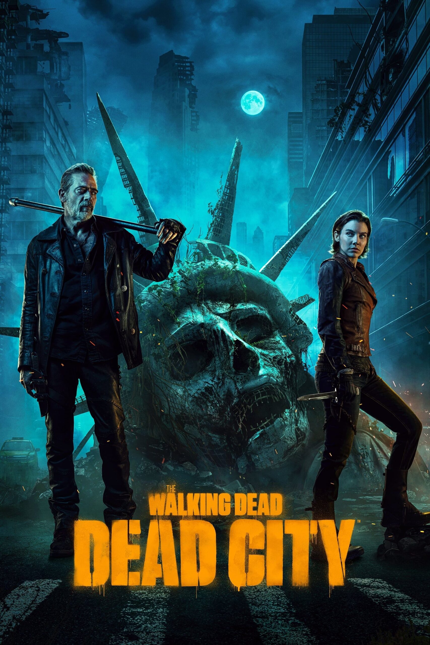 Two people stand in a dark, ruined city street with a decaying Statue of Liberty head behind them. The scene is eerie and shattered, illuminated by cold blue tones, while the bold yellow title, The Walking Dead: Dead City, sits at the bottom—hinting at the kind of suspenseful drama you can stream on IPTV Suisse.