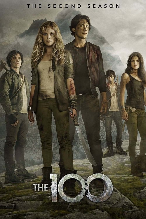 Five young adults in rugged clothing stand on rocky ground with mountains and dark clouds behind them. The text reads The Second Season at the top and The 100 at the bottom, evoking the dramatic atmosphere viewers can experience when streaming via IPTV Suisse.