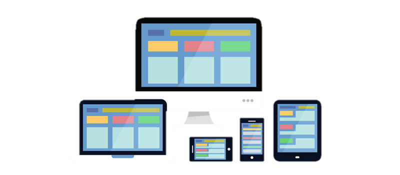 Illustration of a desktop computer, laptop, tablet, and two smartphones displaying similar colorful web page layouts, representing responsive web design across multiple devices—perfect for seamless IPTV Suisse streaming experiences on any screen size.