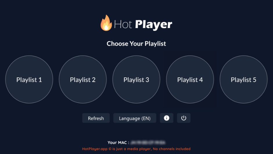 Hot Player app interface with five circular buttons labeled Playlist 1 to Playlist 5, plus options for refresh, language selection, and power. The background is dark with orange and white text, offering seamless IPTV Suisse integration for easy access to your favorite Swiss channels.